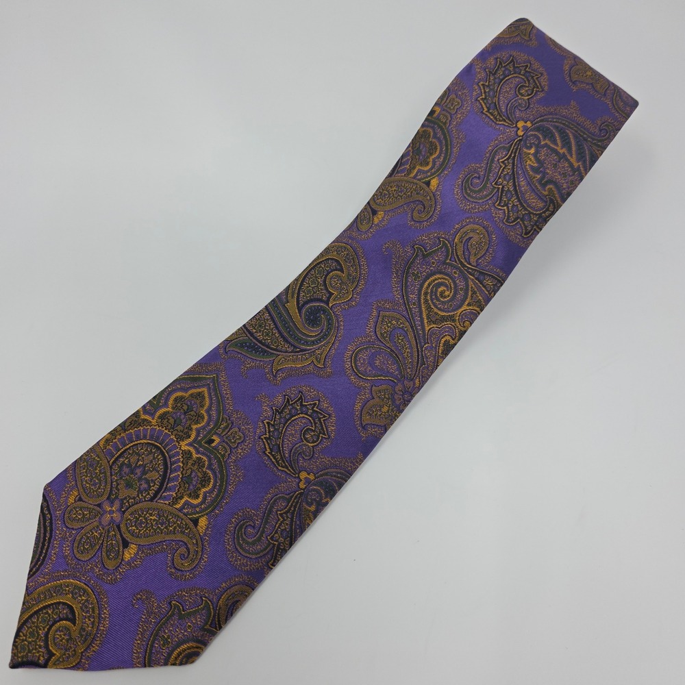 David Donahue Necktie Mens OS Purple Gold Paisley Silk Woven Italy Handmade USA